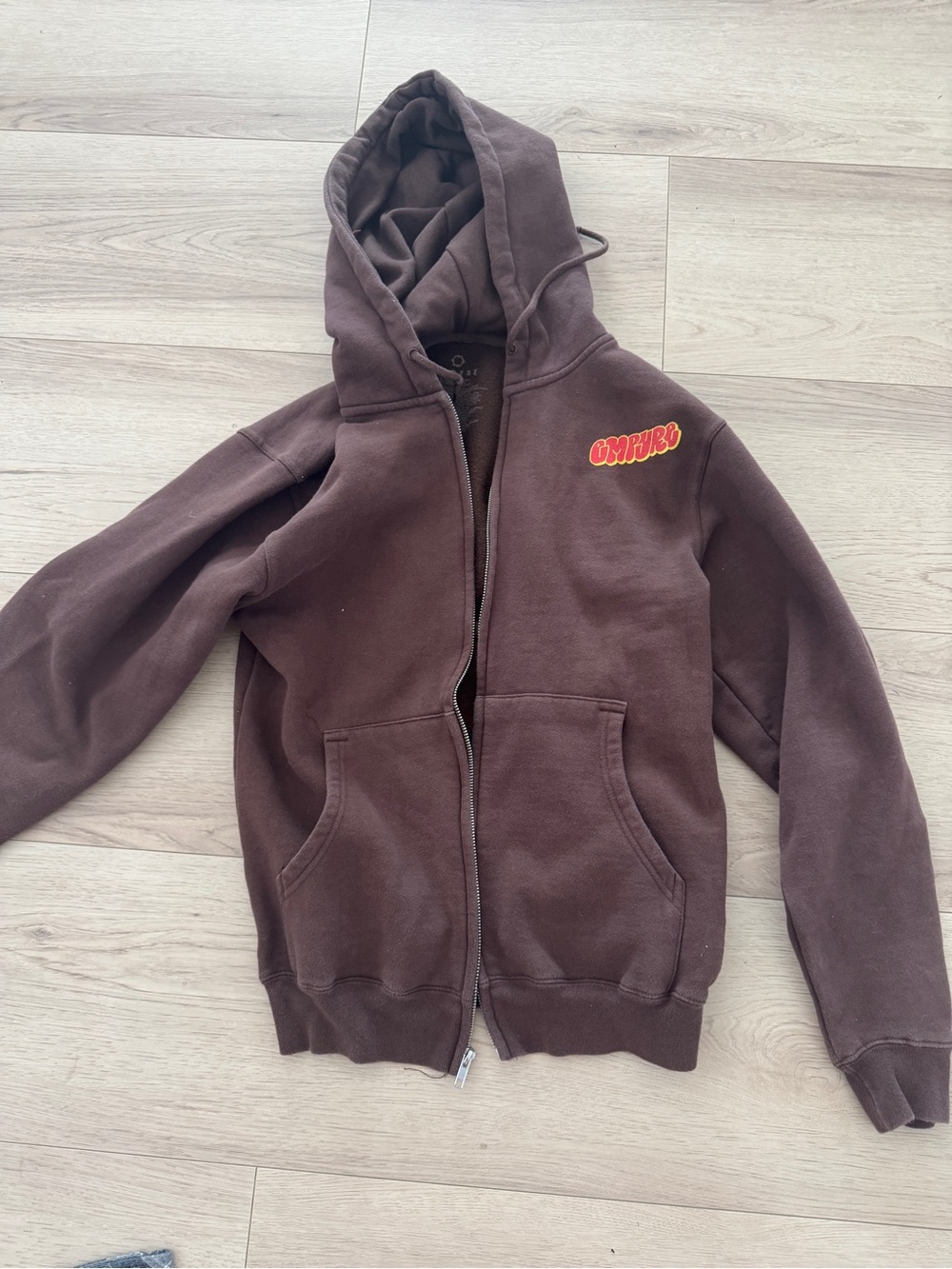 Empyre Brown Zip-Up Hoodie with Red Chest Logo